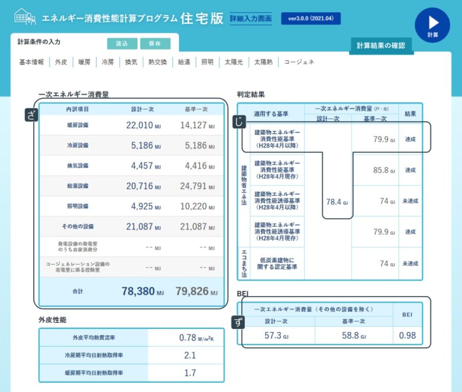 一次エネルギー消費量の計算結果画面